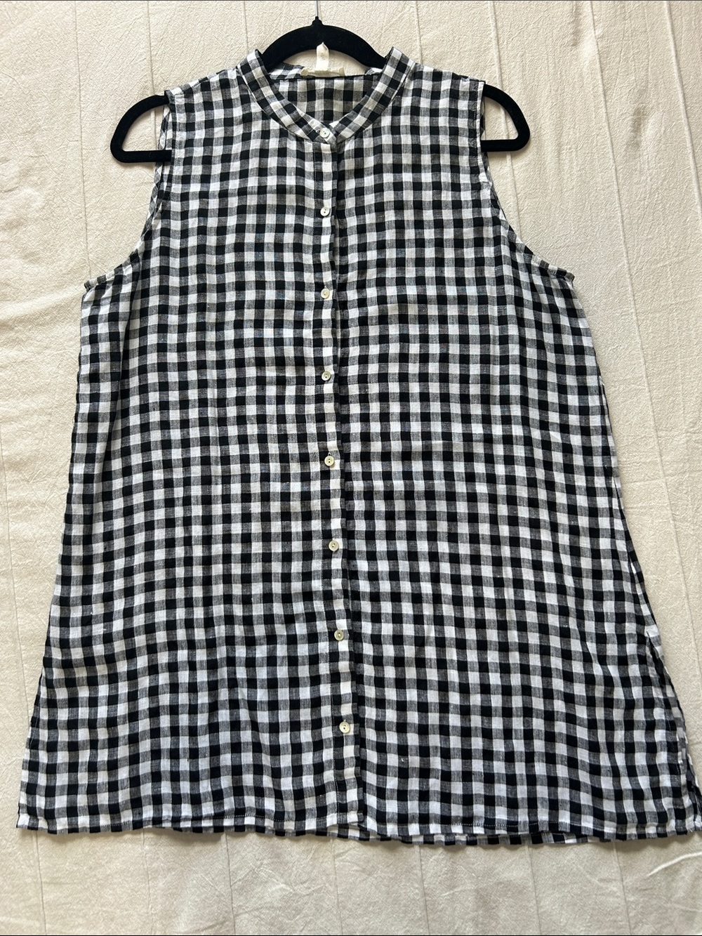 Eileen Fisher Organic Linen Gingham Tunic Shirt Black White Sleeveless PL